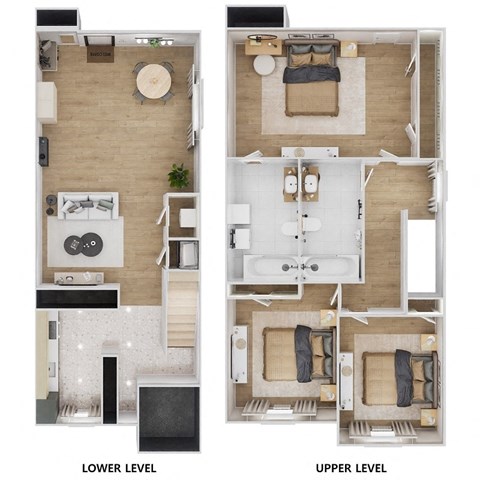 A floor plan of a two-level apartment with labeled sections.